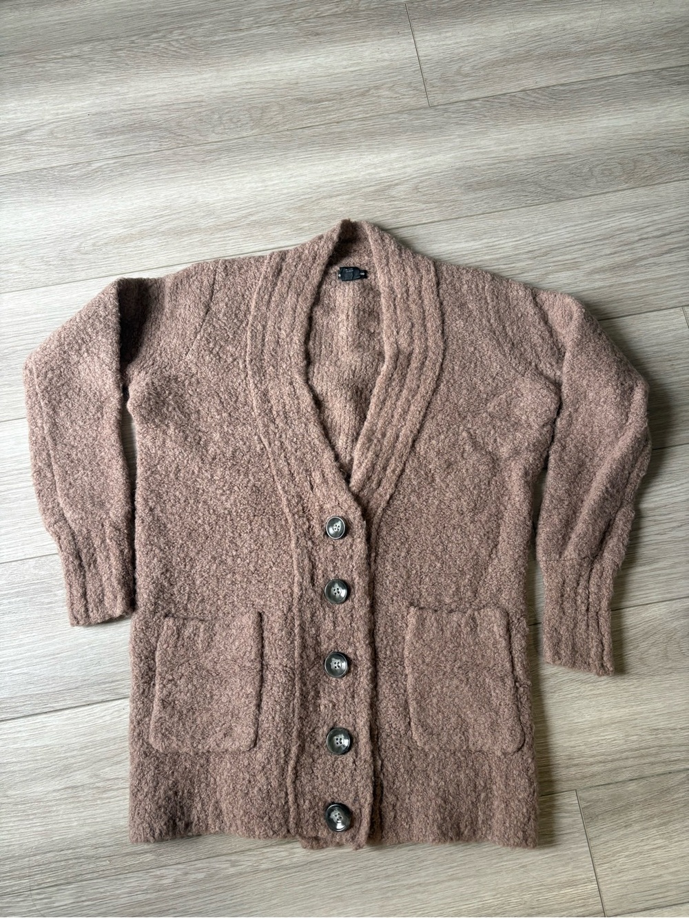 EUC Club Monaco taupe boucle wool alcapa mix Cardigan Sweater size S